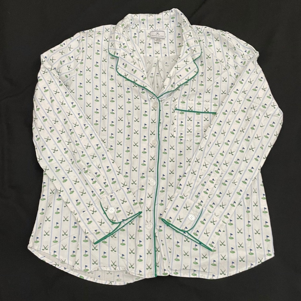 Petite Plume Golf Print Pajama Set Womens Large White Cotton Long Sleeve 2 Piece
